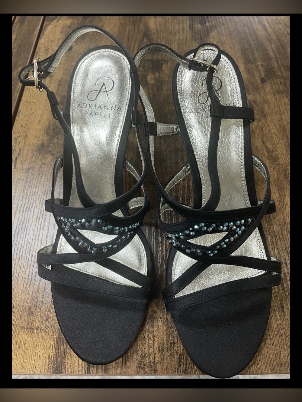 Adrianna Papell Black Strappy Satin Crystal Heels NEW